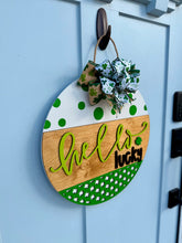Load image into Gallery viewer, Hello Lucky Wooden Door Hanger – St. Patrick’s Day Shamrock Round Sign (15” or 18”)