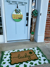 Load image into Gallery viewer, Hello Lucky Wooden Door Hanger – St. Patrick’s Day Shamrock Round Sign (15” or 18”)