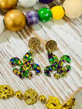 Load image into Gallery viewer, Fleur De Lis Dangle Mardi Gras Earrings