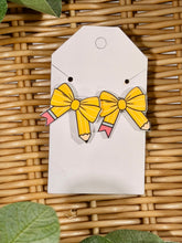 Load image into Gallery viewer, ✏️ Acrylic Teacher Pencil Bow Earrings — Teacher Appreciation Gift