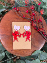 Load image into Gallery viewer, Cupid Dangle Earrings with Pink Gingham Heart – Nickel Free