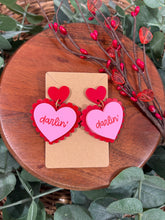 Load image into Gallery viewer, “Darlin” Double Heart Acrylic Dangle Earrings – Nickel Free
