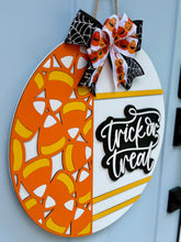 Load image into Gallery viewer, Trick or Treat Candy Corn Halloween Door Hanger
