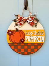 Load image into Gallery viewer, Hey There Pumpkin Fall Door Hanger | Checked Autumn Front Porch Decor
